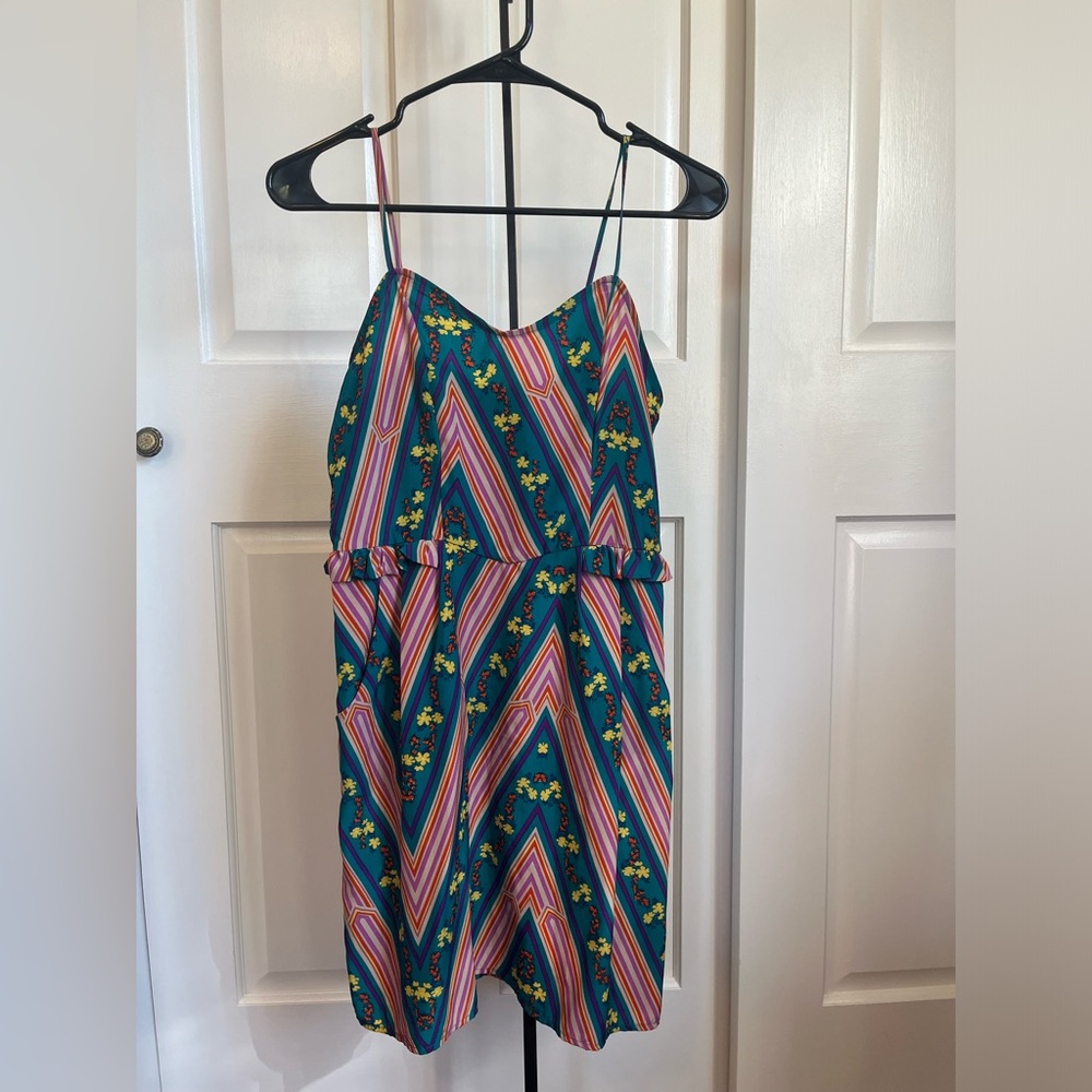 Xhilaration Teal and Purple Striped Floral Dress